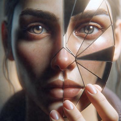 The primary subject of the image is a woman's face, which is depicted in two different ways. One version of her face is shown in a mirror, while the other is shown without the mirror. The setting is indoors, with the woman standing in front of a mirror. The visual style is digital art, and the colors and mood are predominantly dark and moody.